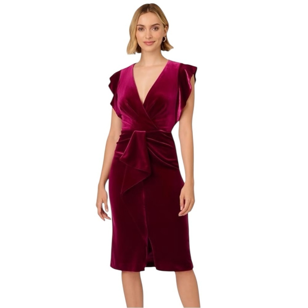 ADRIANNA PAPELL FUCHSIA PINK VELVET SURPLICE MIDI DRESS AP1D105513 - Picture 1 of 14